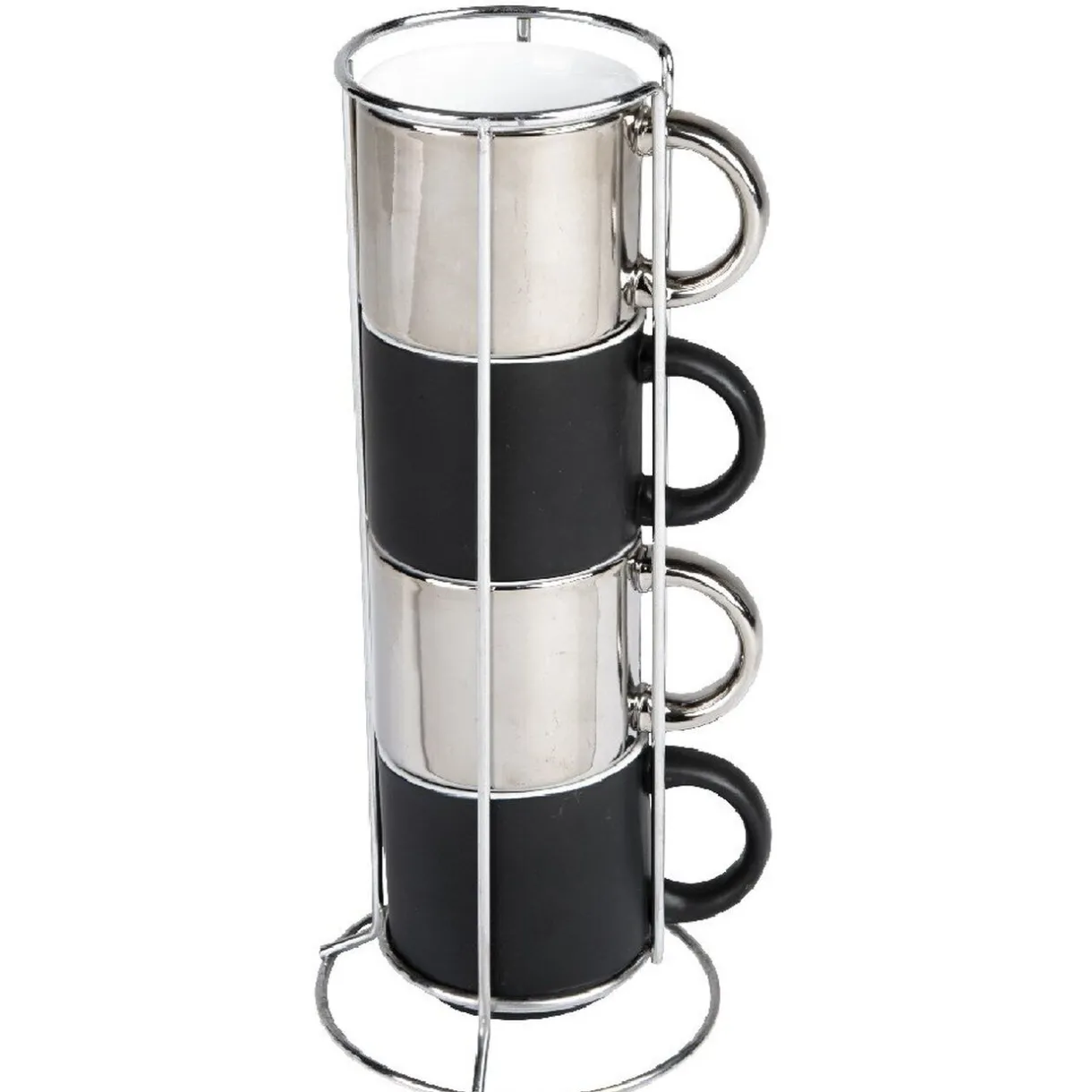 Gifi 4 tasses en céramique noir et argent avec support metallique h30 Outlet