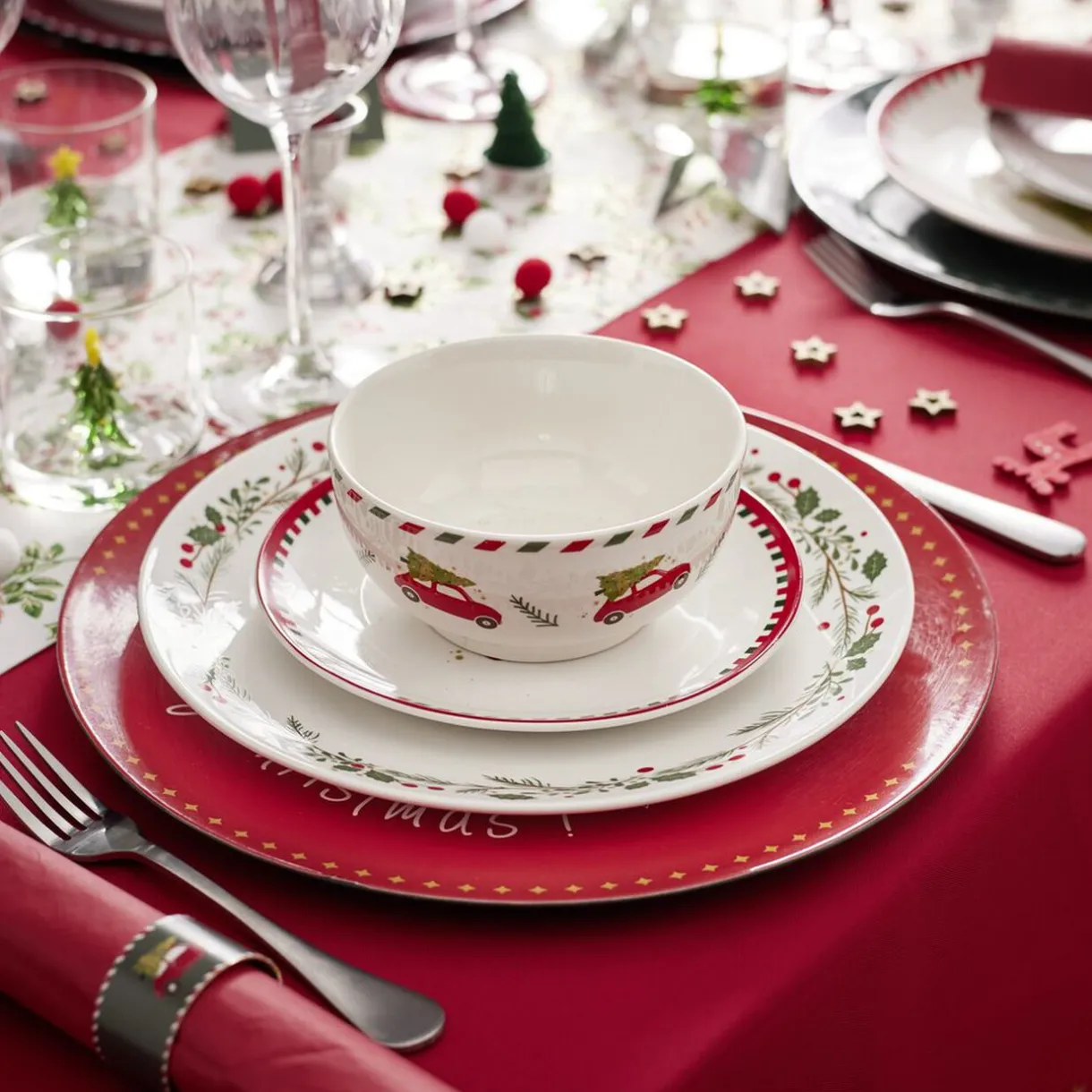 Gifi Assiette à dessert porcelaine blanche motif sapin de Noël Ø19cm Outlet