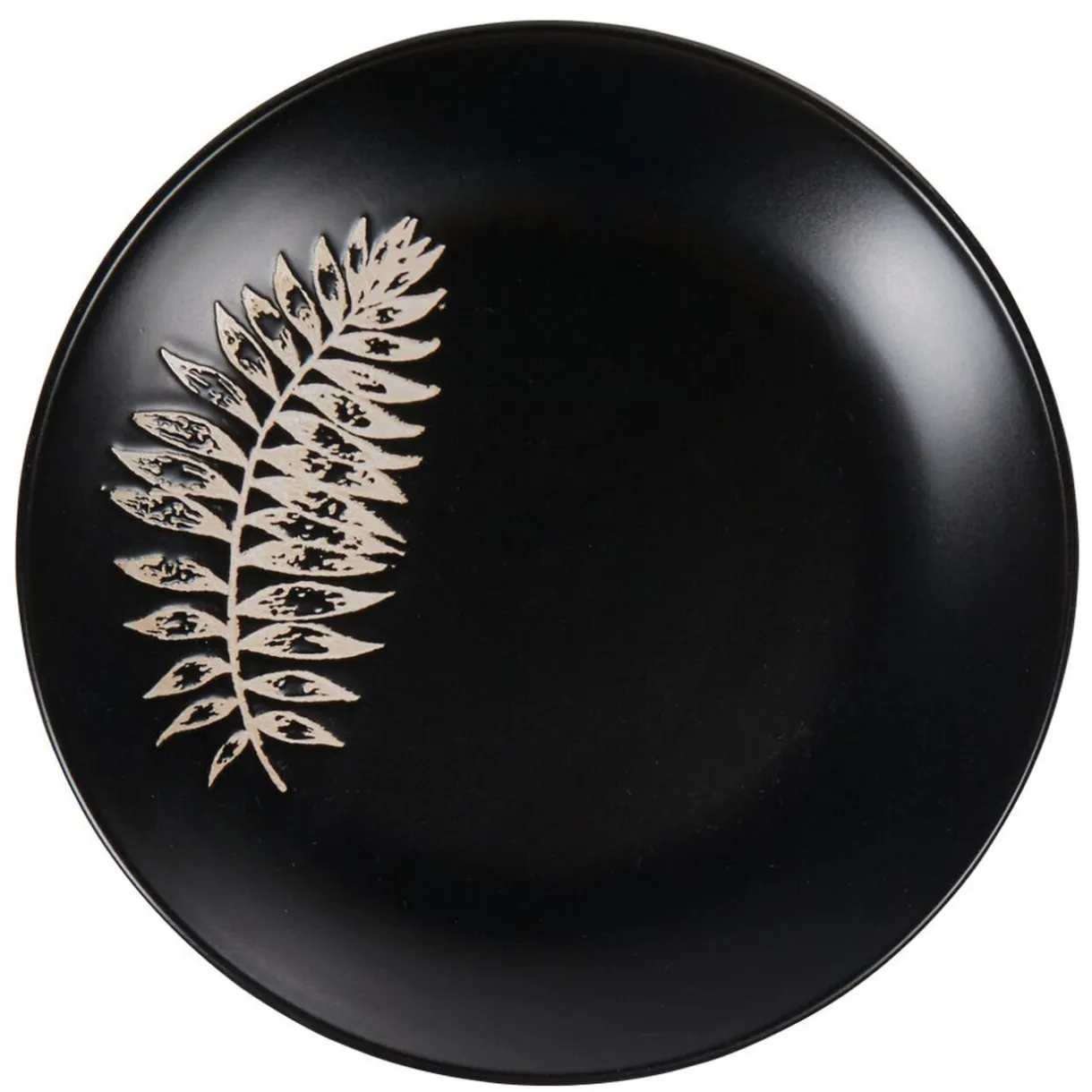 Gifi Assiette à dessert ronde noire motif plante blanche embossé
