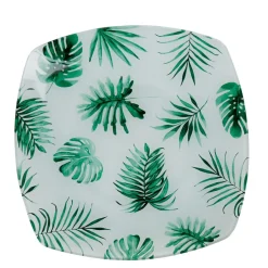 Gifi Assiette plate carrée blanche motif feuille tropicale vert