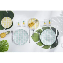 Gifi Assiette plate ronde en faïence motif ananas blanc et bleu