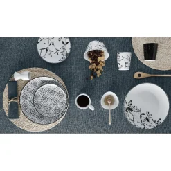 Gifi Assiette ronde blanche décor tiges feuilles noires Hot