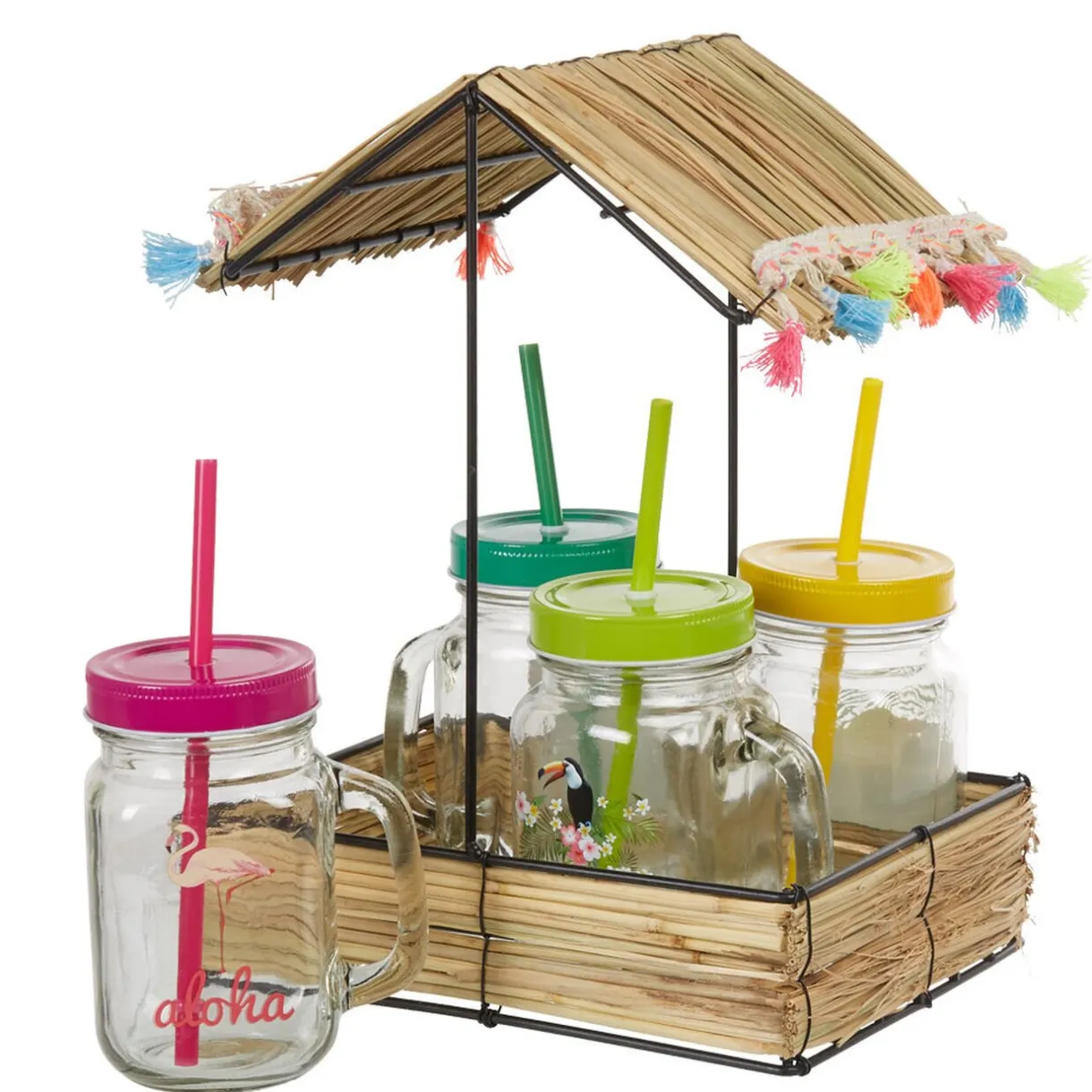 Gifi Bocal à paille et couvercle style tropical avec support x4 Clearance