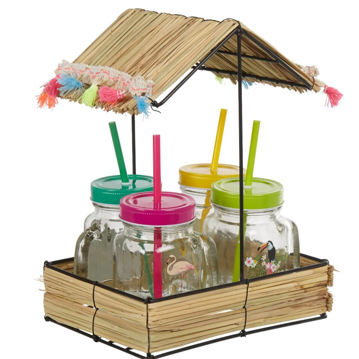 Gifi Bocal à paille et couvercle style tropical avec support x4 Clearance
