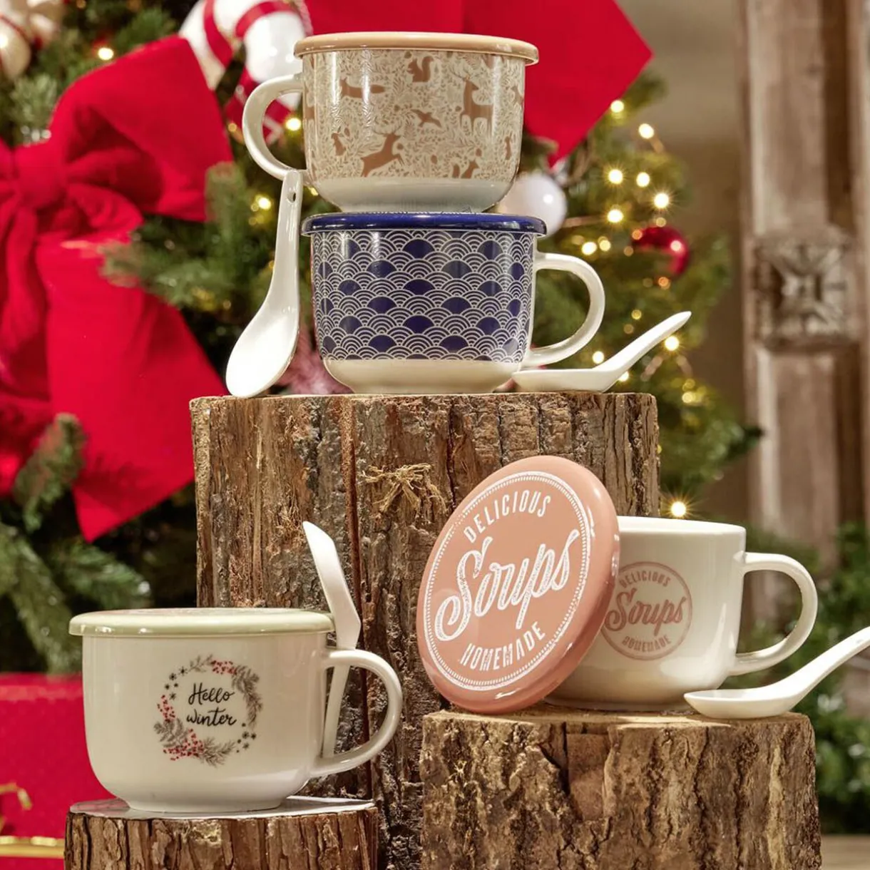 Gifi Bol à soupe avec couvercle et cuillère en porcelaine