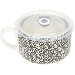 Gifi Bol jumbo soupe avec couvercle en porcelaine blanc motif noir
