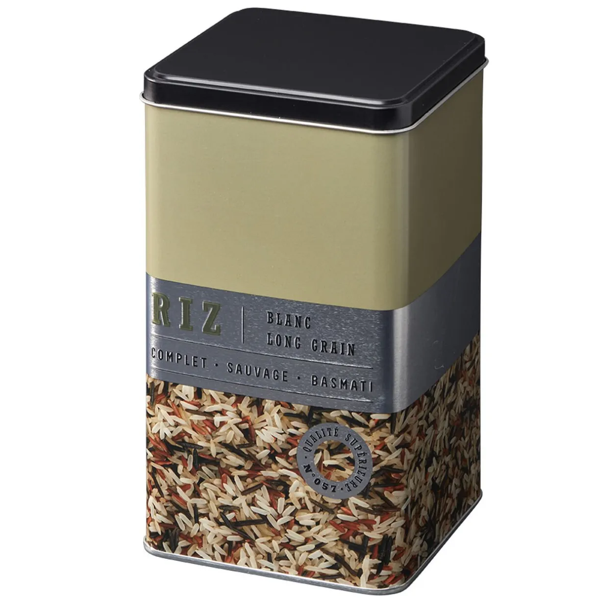 Gifi Boîte à riz carrée en métal décorée beige New