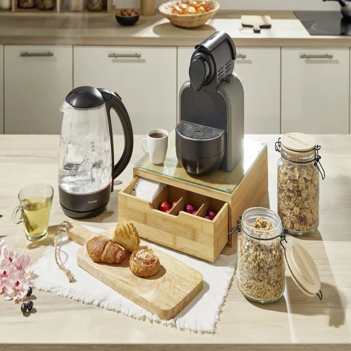 Gifi Boîte tiroir à dosettes en bambou et verre Discount
