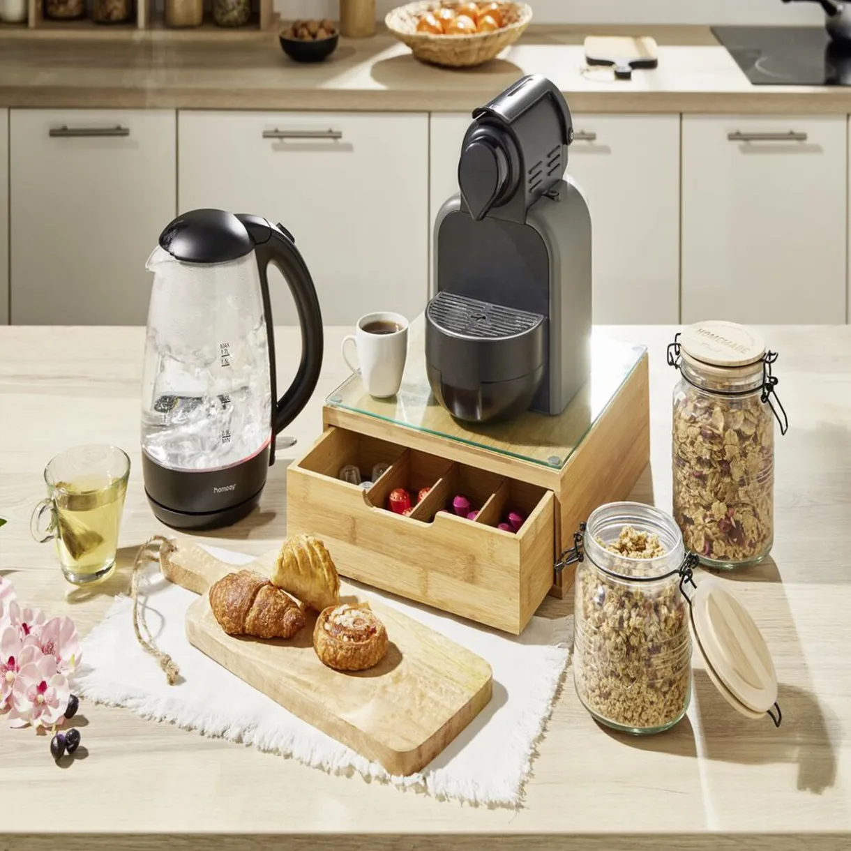 Gifi Boîte tiroir à dosettes en bambou et verre Discount