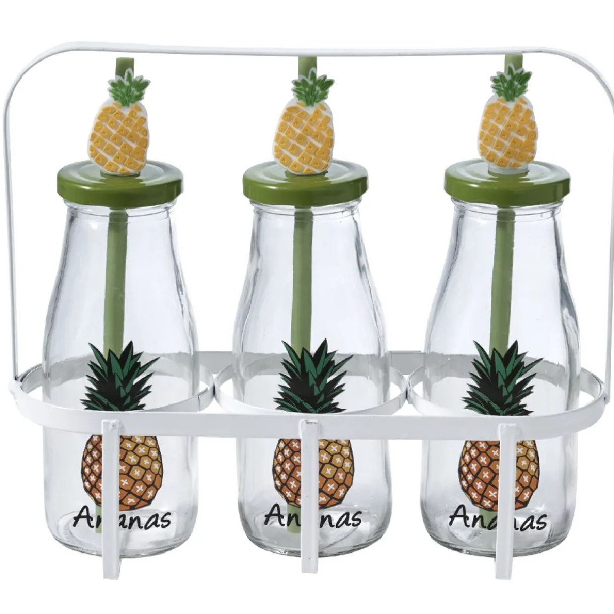 Gifi Bouteilles x3 avec pailles design exotique x3 panier métal blanc