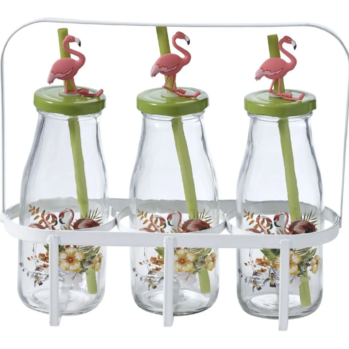 Gifi Bouteilles x3 avec pailles design exotique x3 panier métal blanc