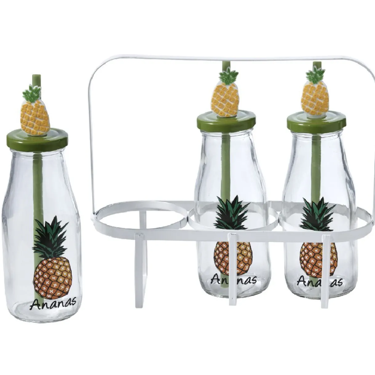 Gifi Bouteilles x3 avec pailles design exotique x3 panier métal blanc