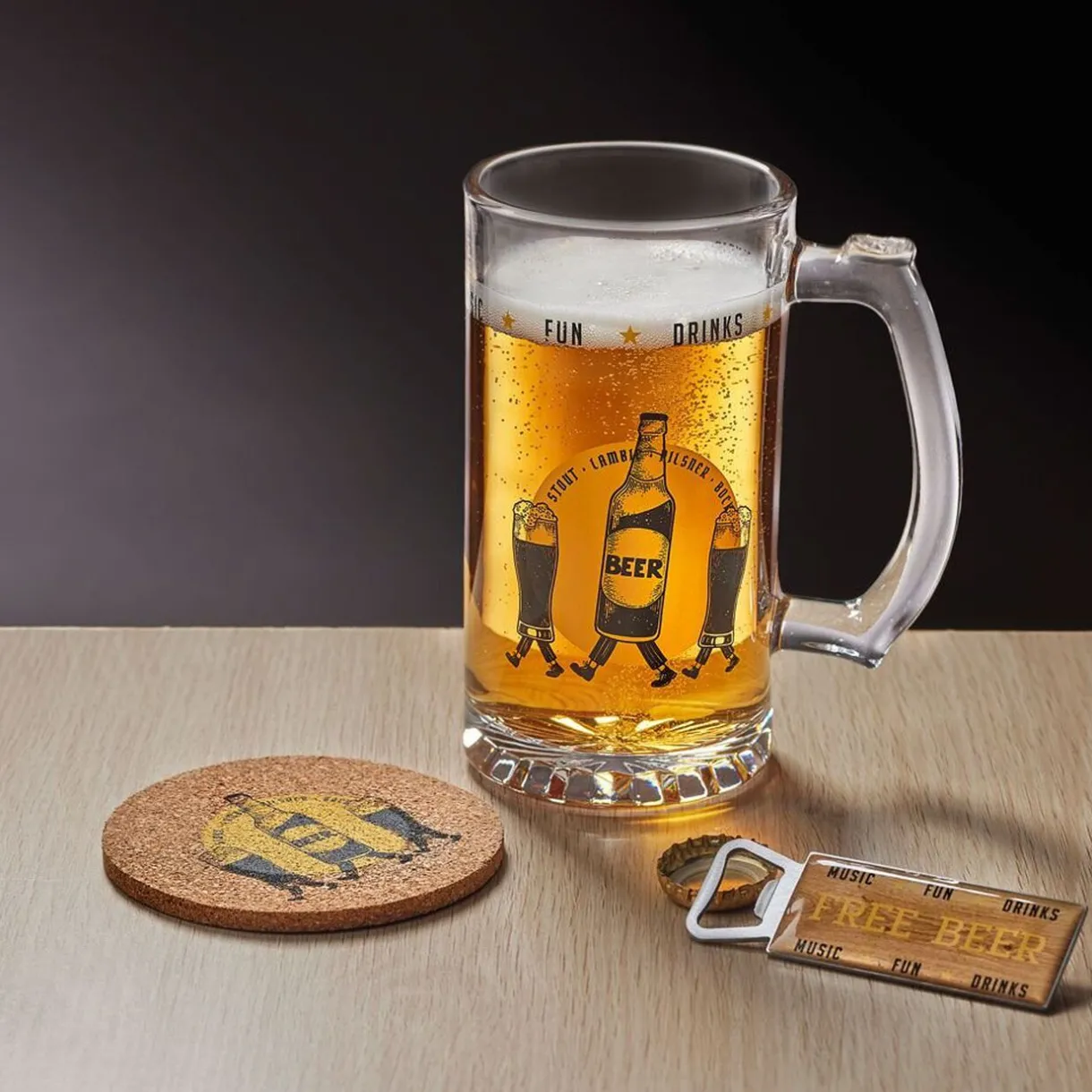 Gifi Coffret bière 3 pièces verre décapsuleur et sous-verre - 2 modèles