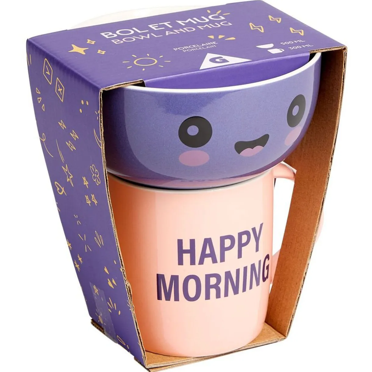 Gifi Coffret bol et mug en porcelaine Happy/Bad Morning - 2 modèles