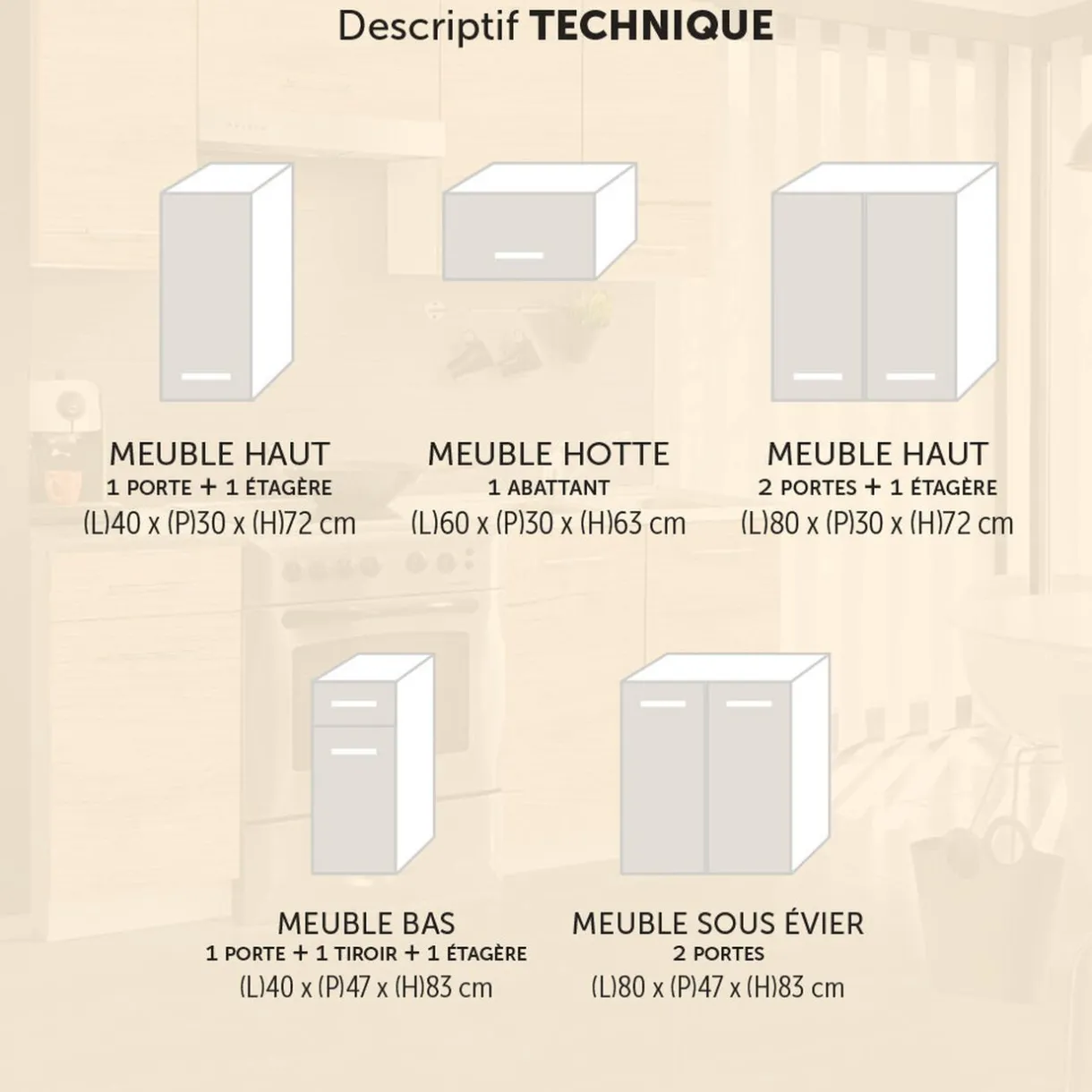 Gifi Cuisine 5 éléments finition chêne Sonoma L. 1,80 m New