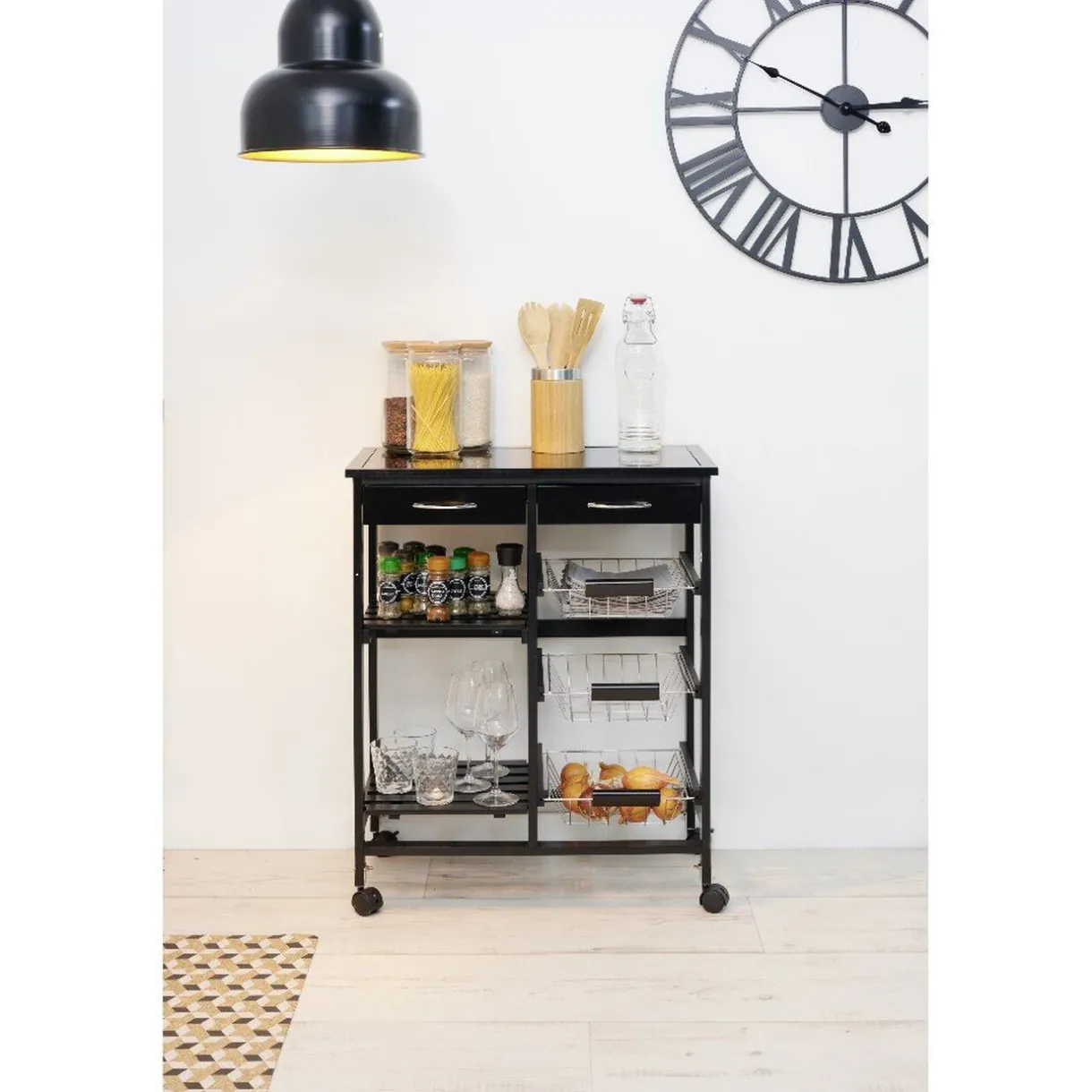 Gifi Desserte bistrot sur roulettes étagère panier tiroir bois métal noir Outlet