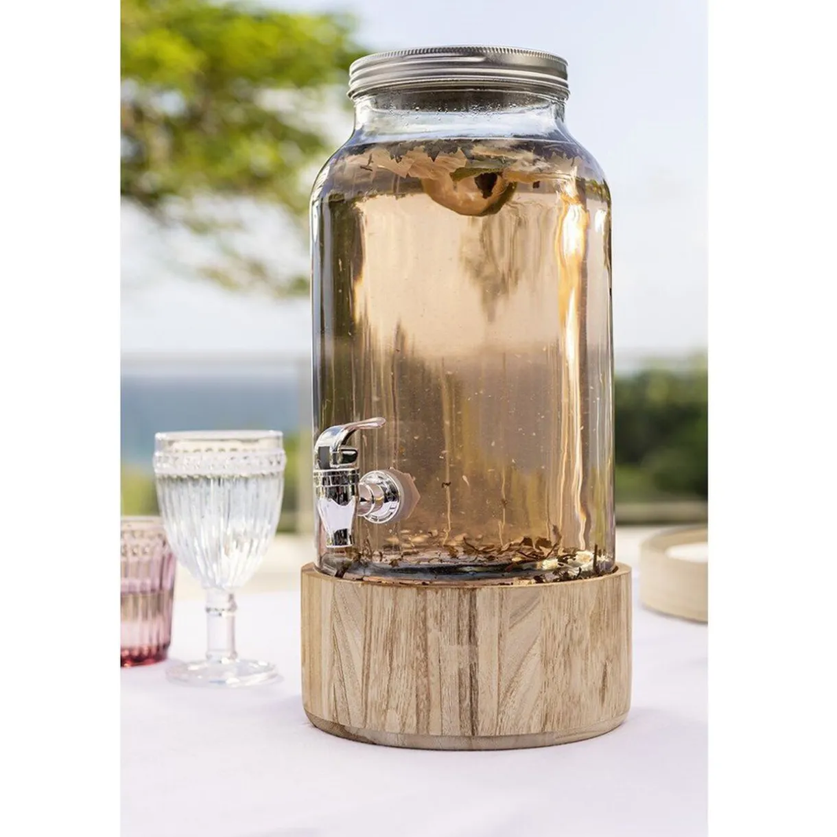 Gifi Distributeur de boisson en verre et socle en bois New