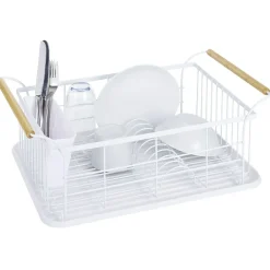 Gifi Egouttoir à vaisselle en métal blanc avec poignée en bambou New