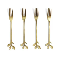 Gifi Fourchette à dessert x4 design feuille inox doré L15cm New
