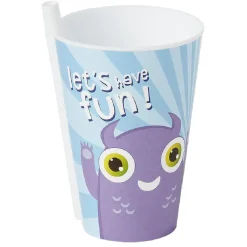 Gifi Gobelet avec paille intégrée bleu motif monstre violet Ø9xH13,5cm Discount