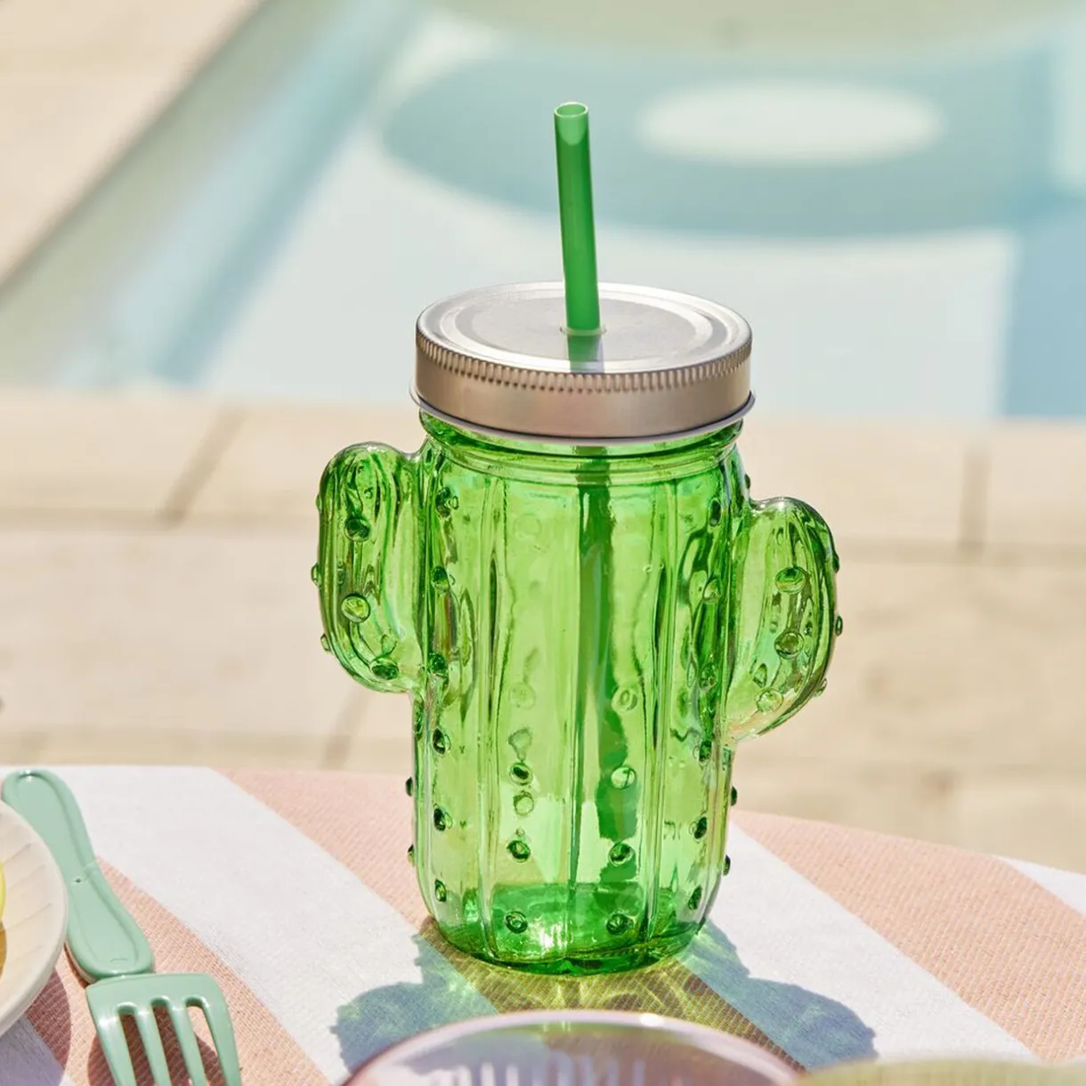 Gifi Gobelet en verre avec paille forme cactus ou fraise Ø10xH12,5cm