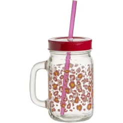 Gifi Gobelet en verre imprimé avec poignée paille et couvercle 480ml New