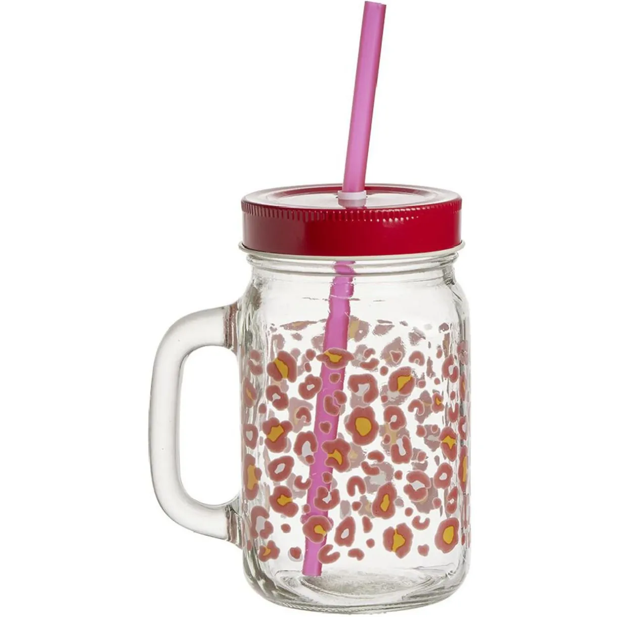 Gifi Gobelet en verre imprimé avec poignée paille et couvercle 480ml New