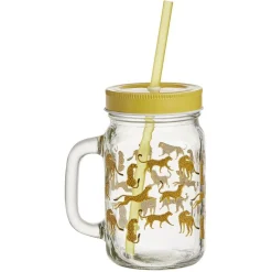 Gifi Gobelet en verre imprimé avec poignée paille et couvercle 480ml New