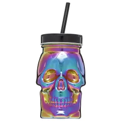 Gifi Gobelet verre forme tête de mort couvercle et paille 500 ml