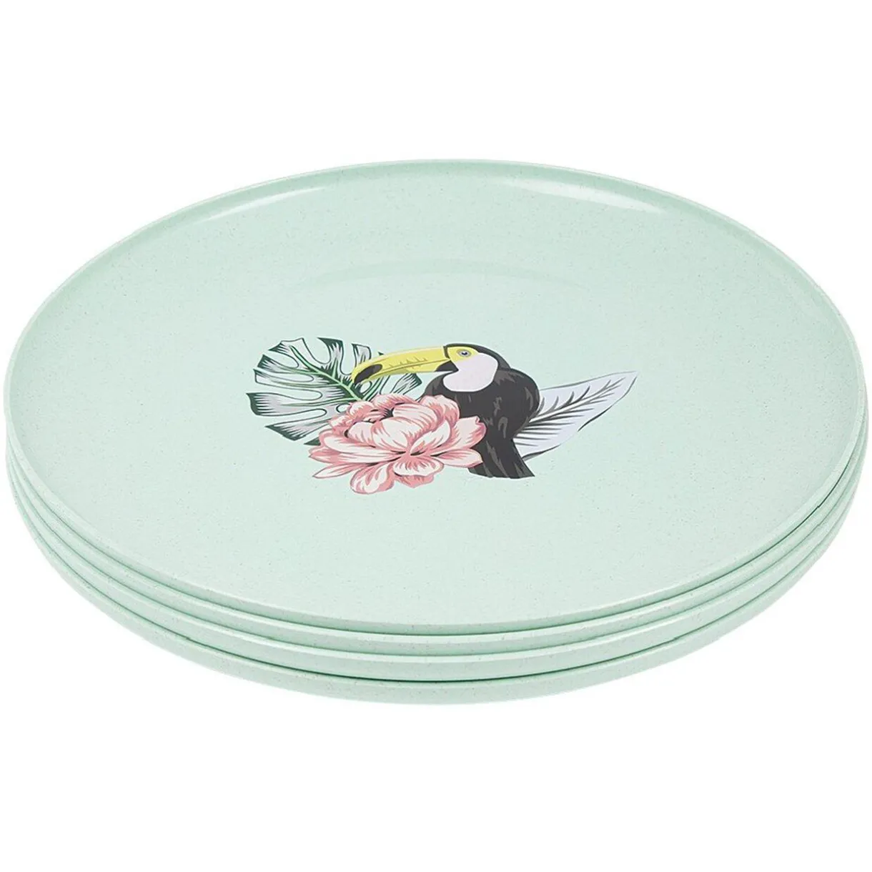 Gifi Lot de 4 assiettes plates décor oiseau et feuille
