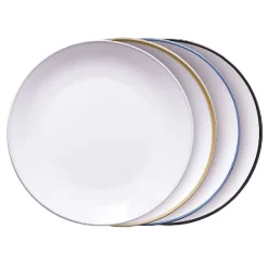 Gifi Lot de 4 assiettes plates rondes porcelaine blanche avec liseré coloré Outlet