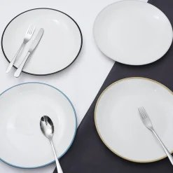 Gifi Lot de 4 assiettes plates rondes porcelaine blanche avec liseré coloré Outlet