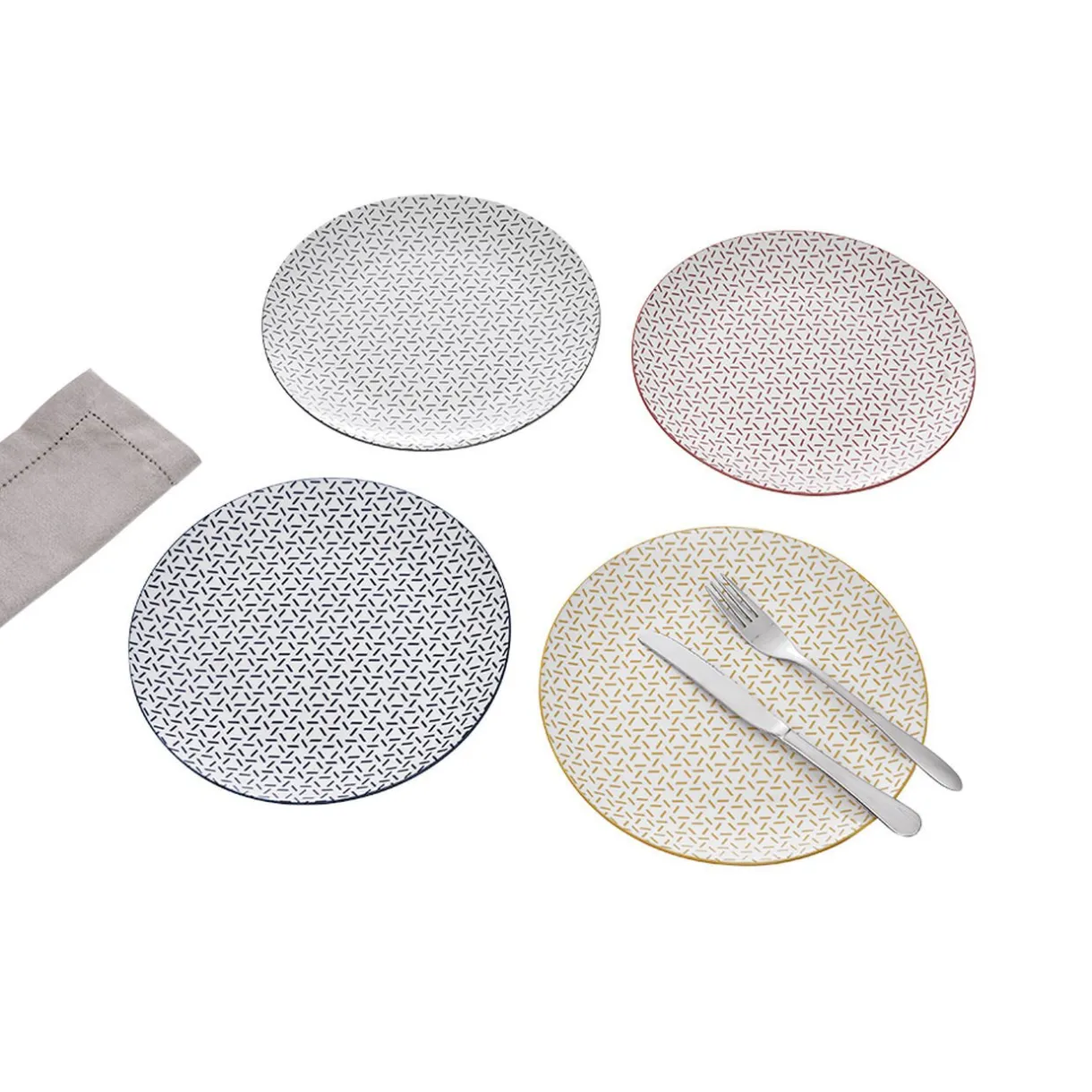Gifi Lot de 4 assiettes plates porcelaine motif trait triangle multicolore Ø24cm