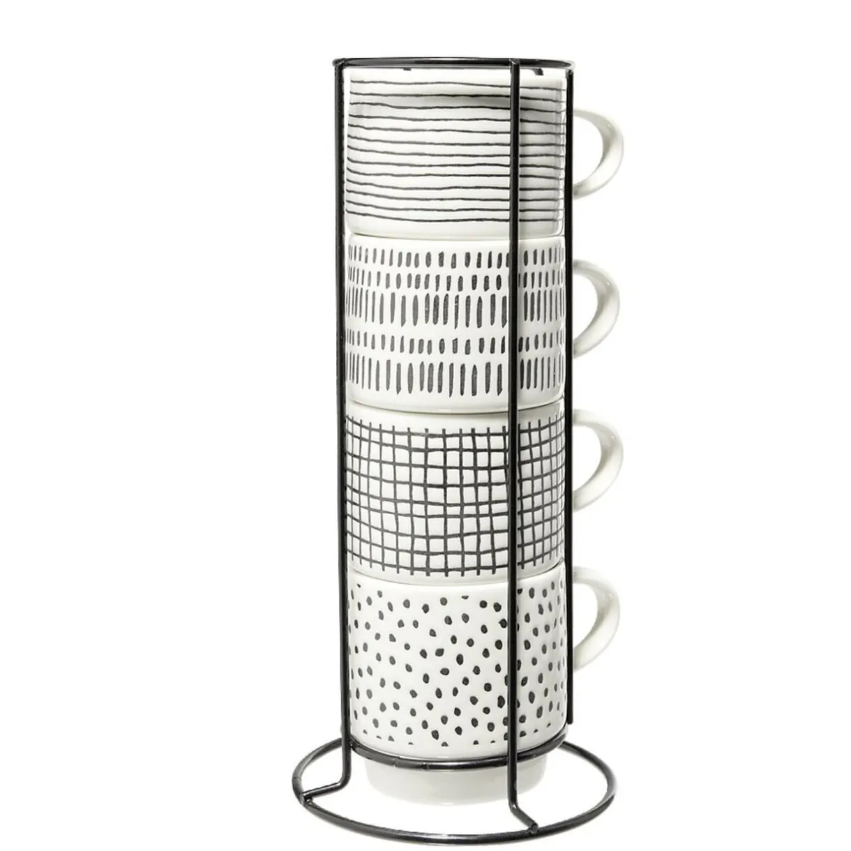 Gifi Lot de 4 tasses empilables 20cl porcelaine blanc et noir avec support métal Hot