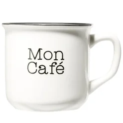 Gifi Mug café en porcelaine effet email blanc et bord noir Mon café 33cl H8,5cm Discount