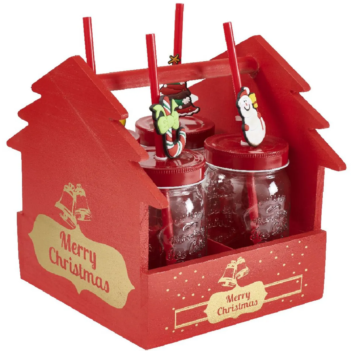 Gifi Panier rouge Merry Christmas avec gobelets Noël pailles x4