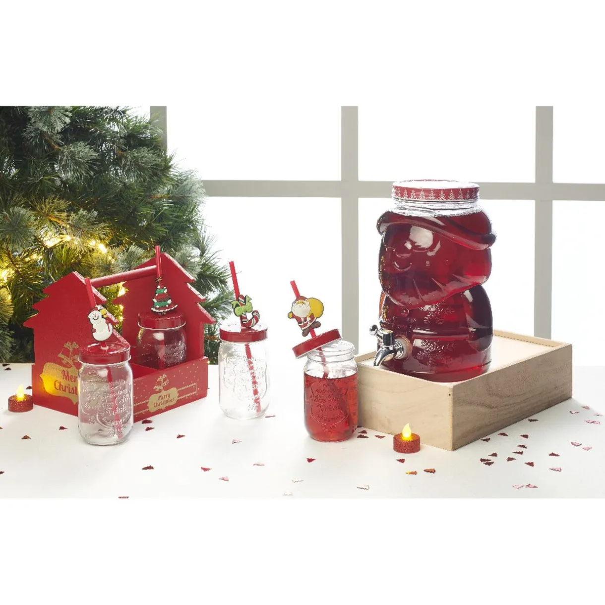 Gifi Panier rouge Merry Christmas avec gobelets Noël pailles x4