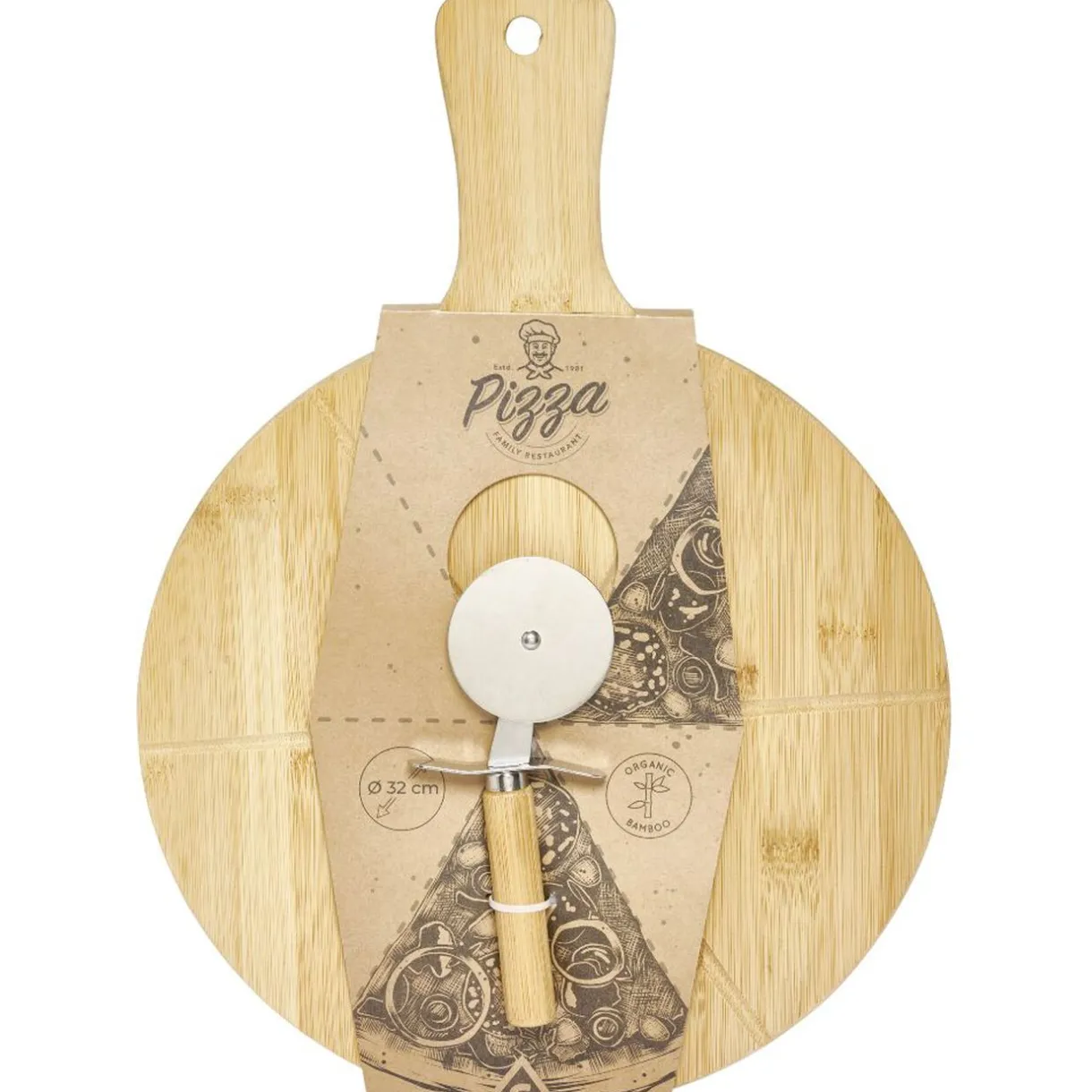 Gifi Planche à découper 6 parts en bambou Ø32cm avec roulette à pizza Sale