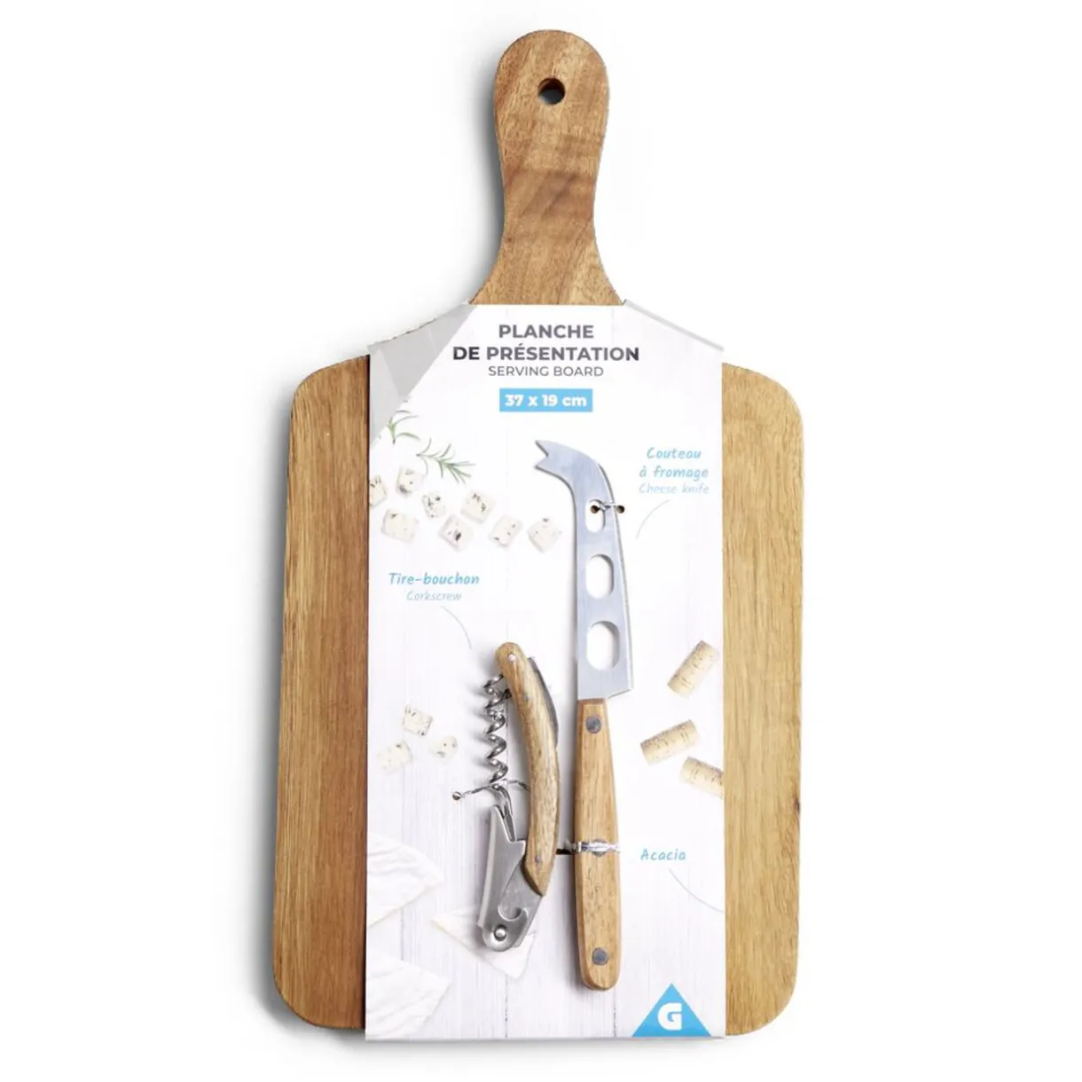 Gifi Planche de présentation avec couteau et tire-bouchon acacia 37x19cm