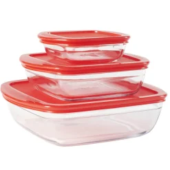 Gifi Plat en verre transparent Ôcuisine avec couvercle rouge x3 Discount
