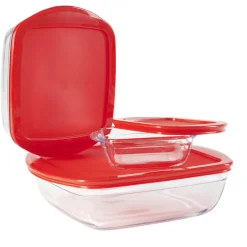Gifi Plat en verre transparent Ôcuisine avec couvercle rouge x3 Discount