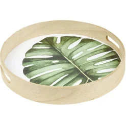 Gifi Plateau de service rond en bois motif feuille