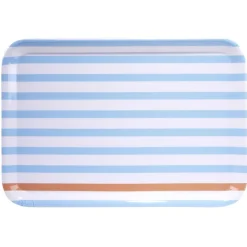 Gifi Plateau rectangulaire rayé bleu blanc liseré orange plastique 45x31cm