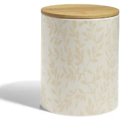 Gifi Pot de conservation 1,6L grès motif feuillage couvercle bambou Ø12xH14,5cm Outlet