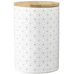 Gifi Pot en céramique blanc à motif gris avec couvercle en bois H14 cm Clearance