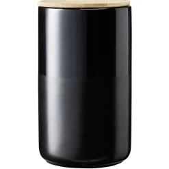 Gifi Pot en céramique noir avec couvercle en bois H16,5 cm Discount