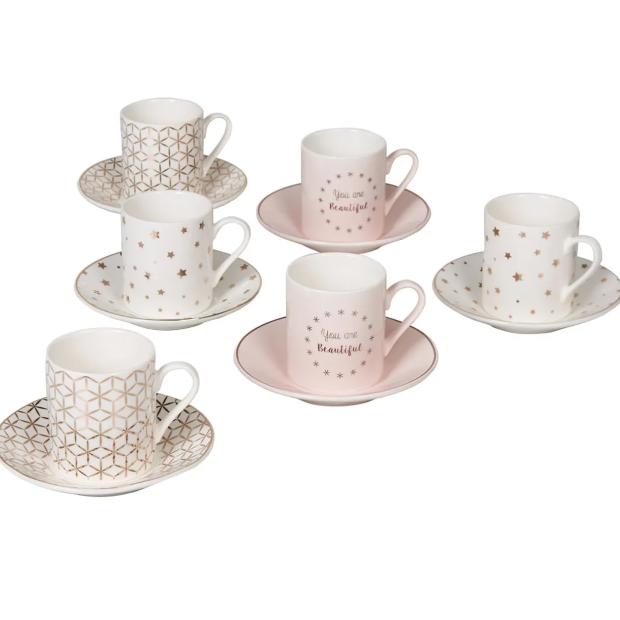 Gifi Service à café faïence blanc rose or 6 personnes