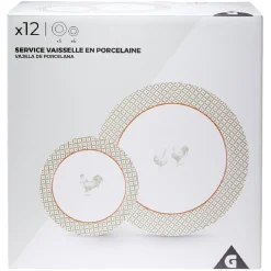 Gifi Service à vaisselle design campagne poule 12 pièces gris blanc rouge
