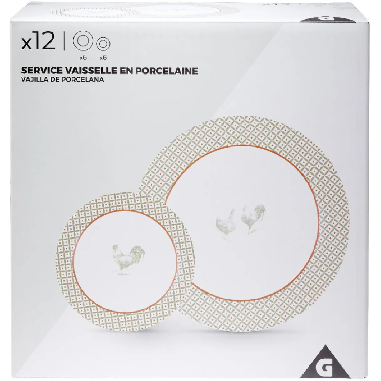 Gifi Service à vaisselle design campagne poule 12 pièces gris blanc rouge