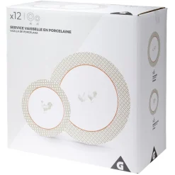 Gifi Service à vaisselle design campagne poule 12 pièces gris blanc rouge